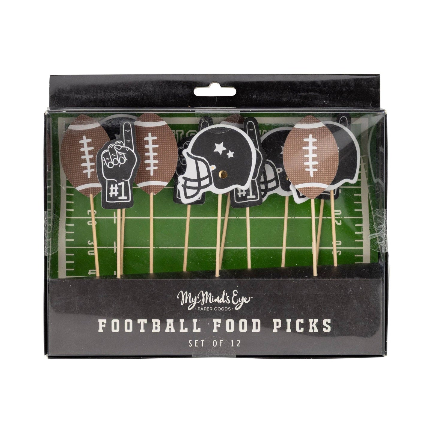 Packaging of football-themed food picks.