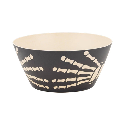 Black Halloween candy bowl with white bone pattern on a white background