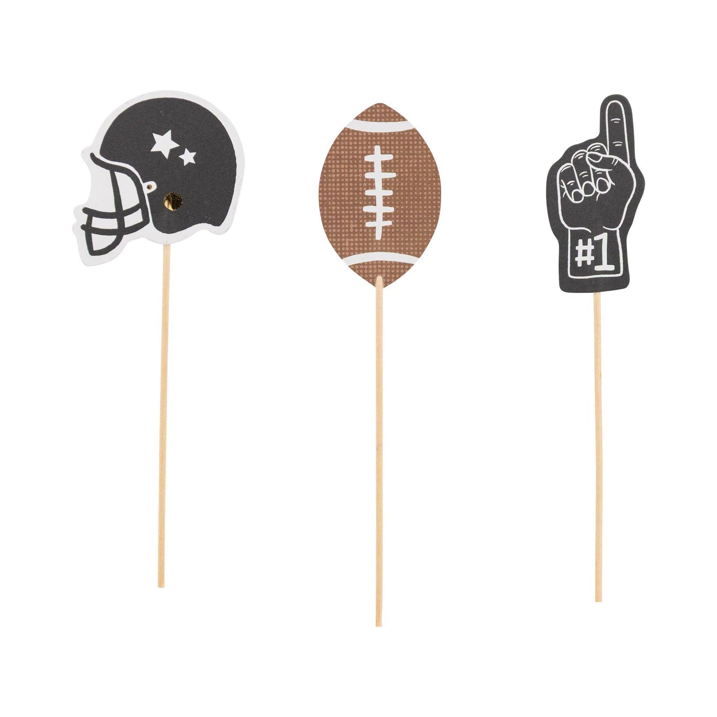 Three football themed food picks: a football helmet, football and number one glove.