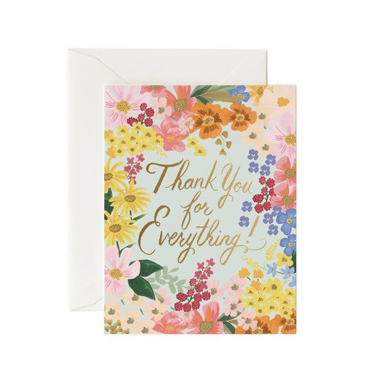 Greeting card with floral design and 'Thank You for Everything!' text, featuring a white envelope.
