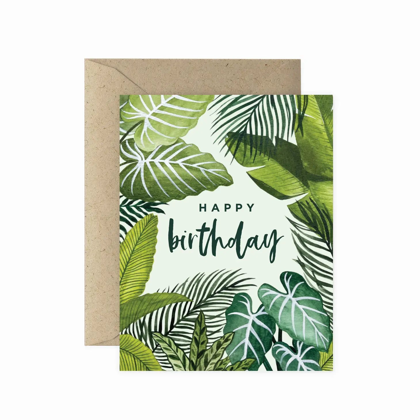 Front image of birthday card with illustrated foliage