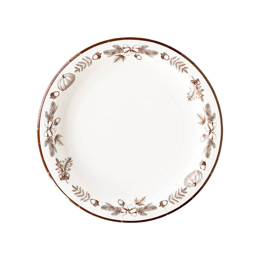 circular paper plates featuring a brown harvest detail on edge