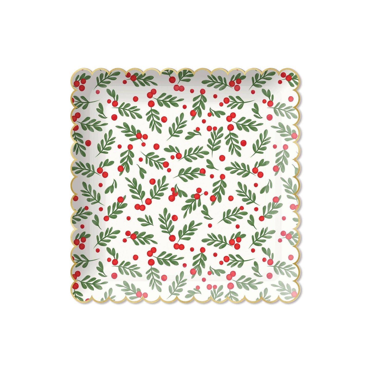 square scalloped christmas plate featuring red and green holly berries