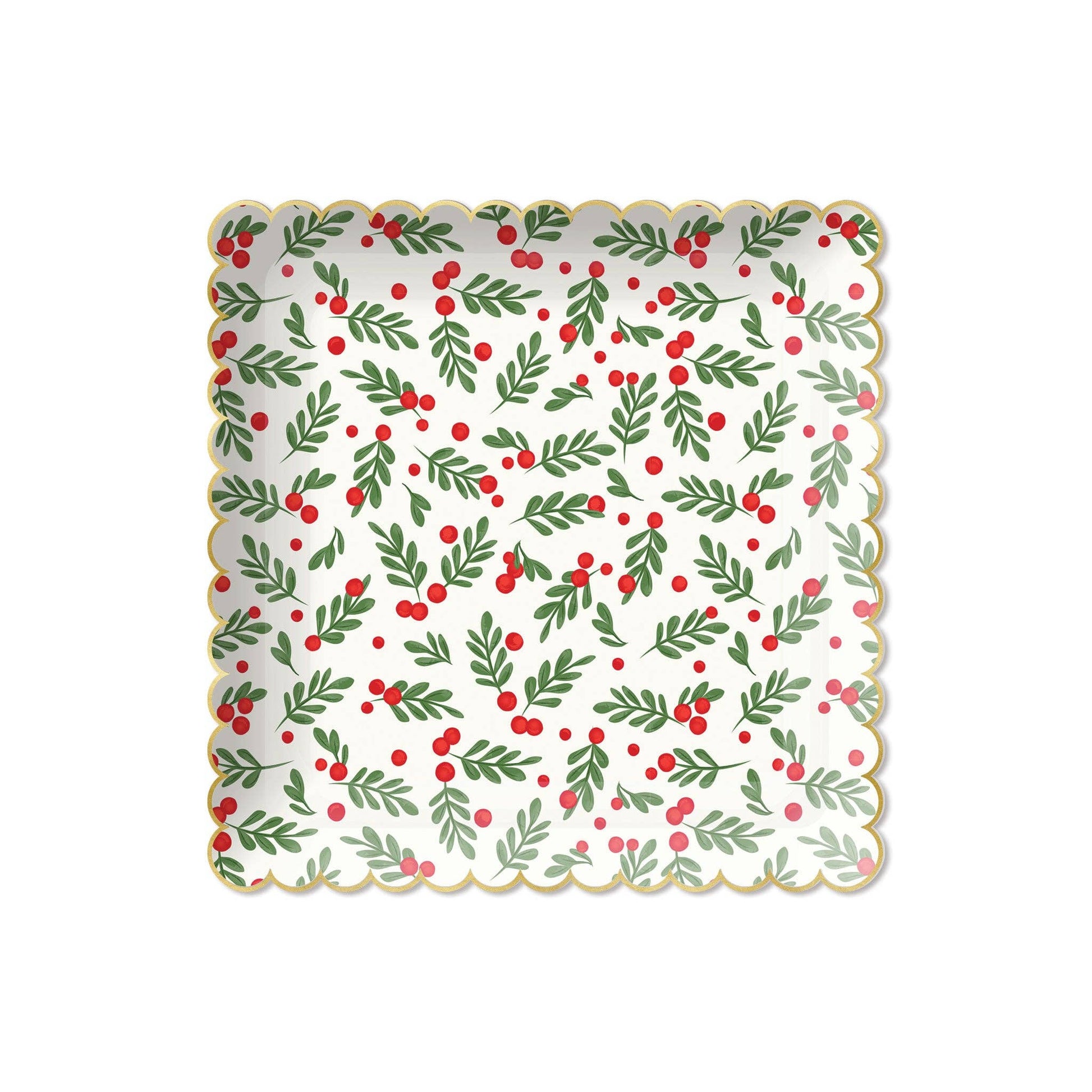 square scalloped christmas plate featuring red and green holly berries