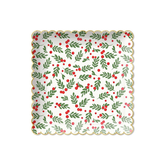 square scalloped christmas plate featuring red and green holly berries