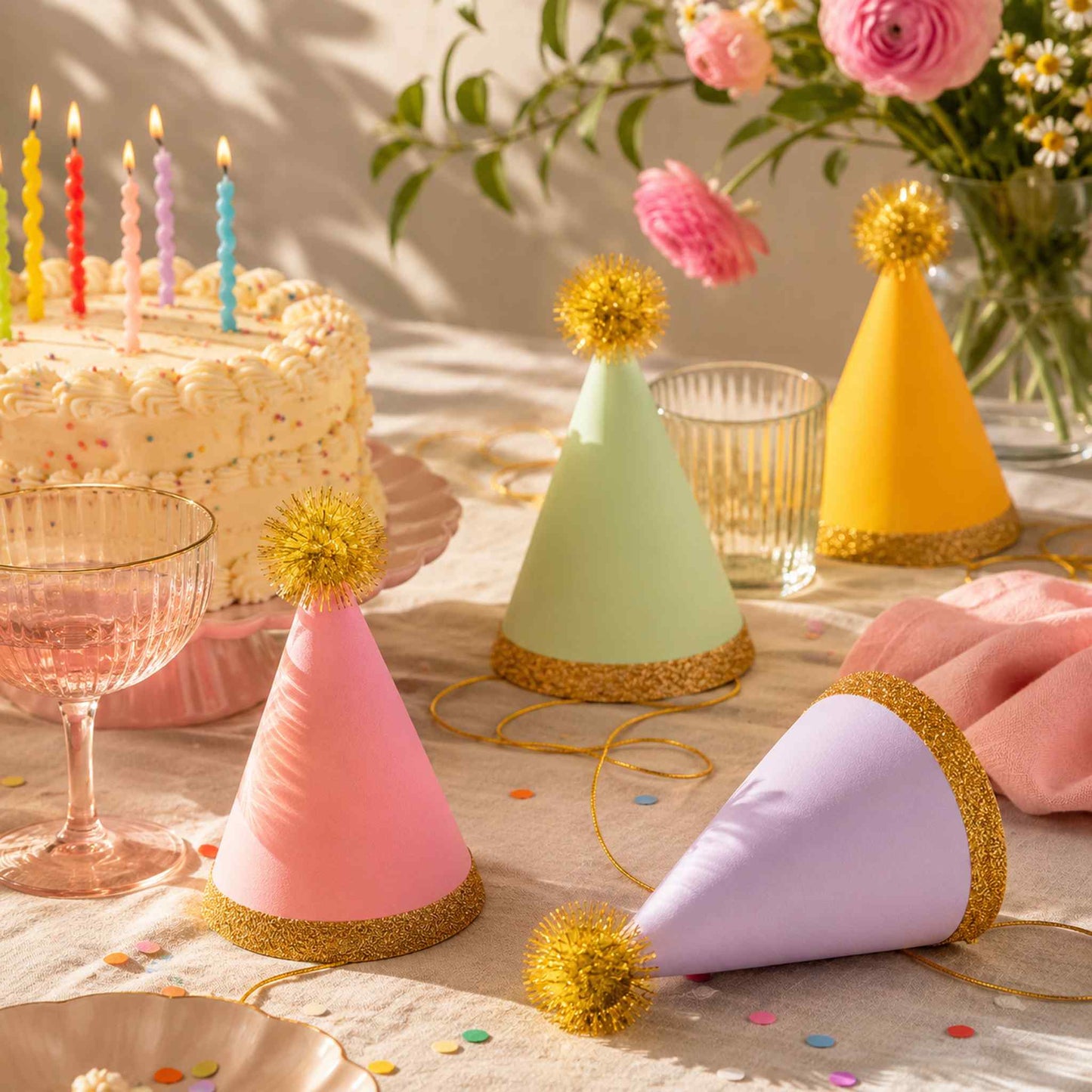 Colorful party hats on a table with a cake and flowers in the background
