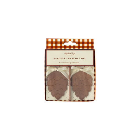 set of 8 wooden pinecone napkin tags
