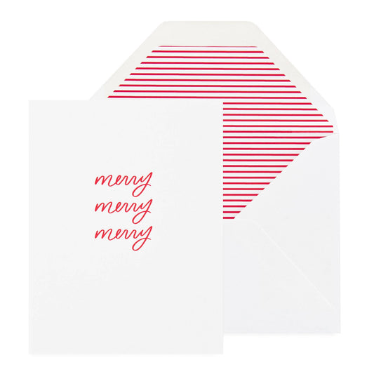 holiday card featuring "merry, merry, merry" written in red on the front