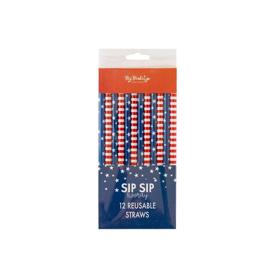 Packshot of red, white and blue reusable straws