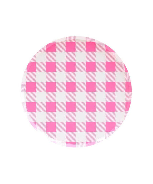 Front image of a small neon pink gingham plate