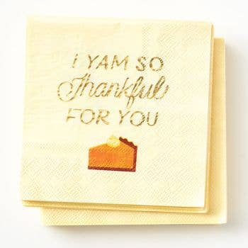 Image of a cream napkin with text "I yam so thankful for you"