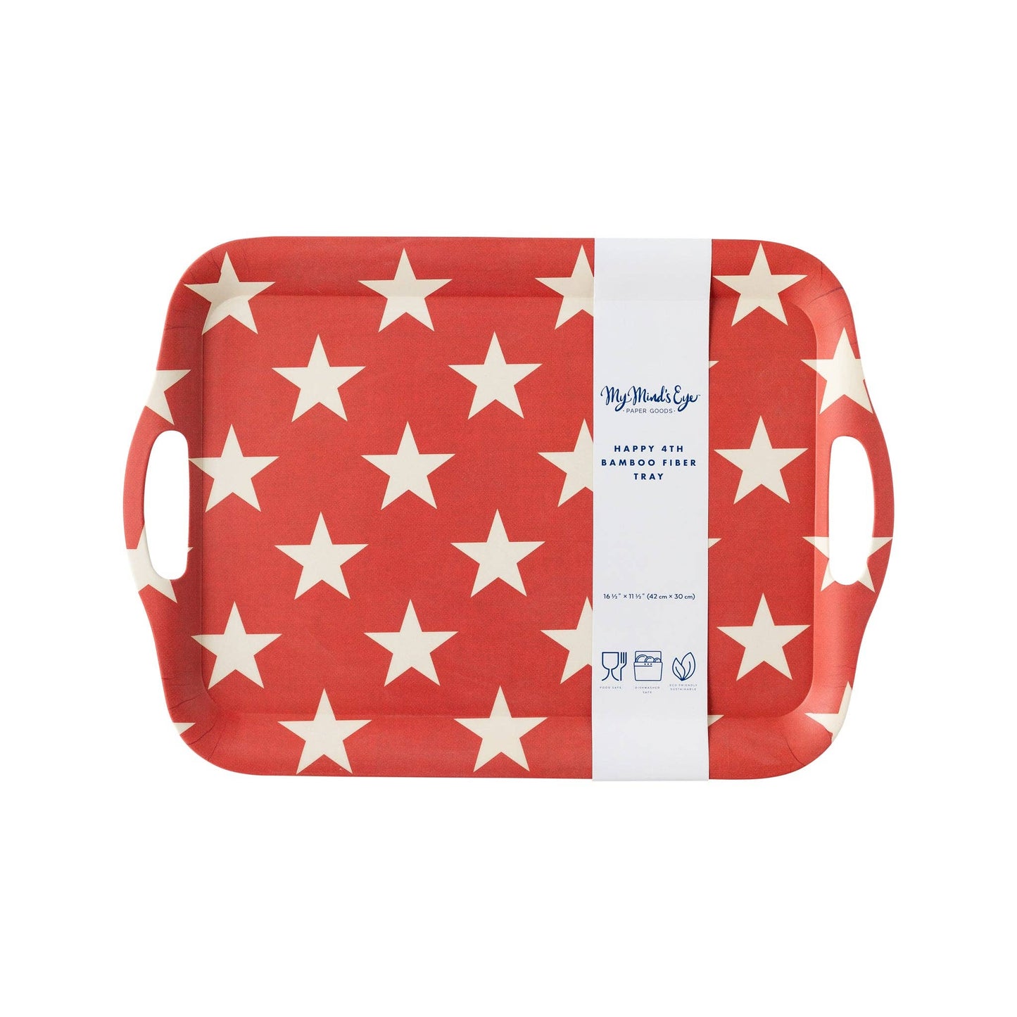 Packshot of a red reusable bamboo serving tray with white star print