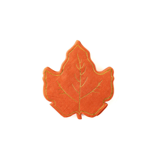 Image of an orange maple leaf napkin with gold foil accents