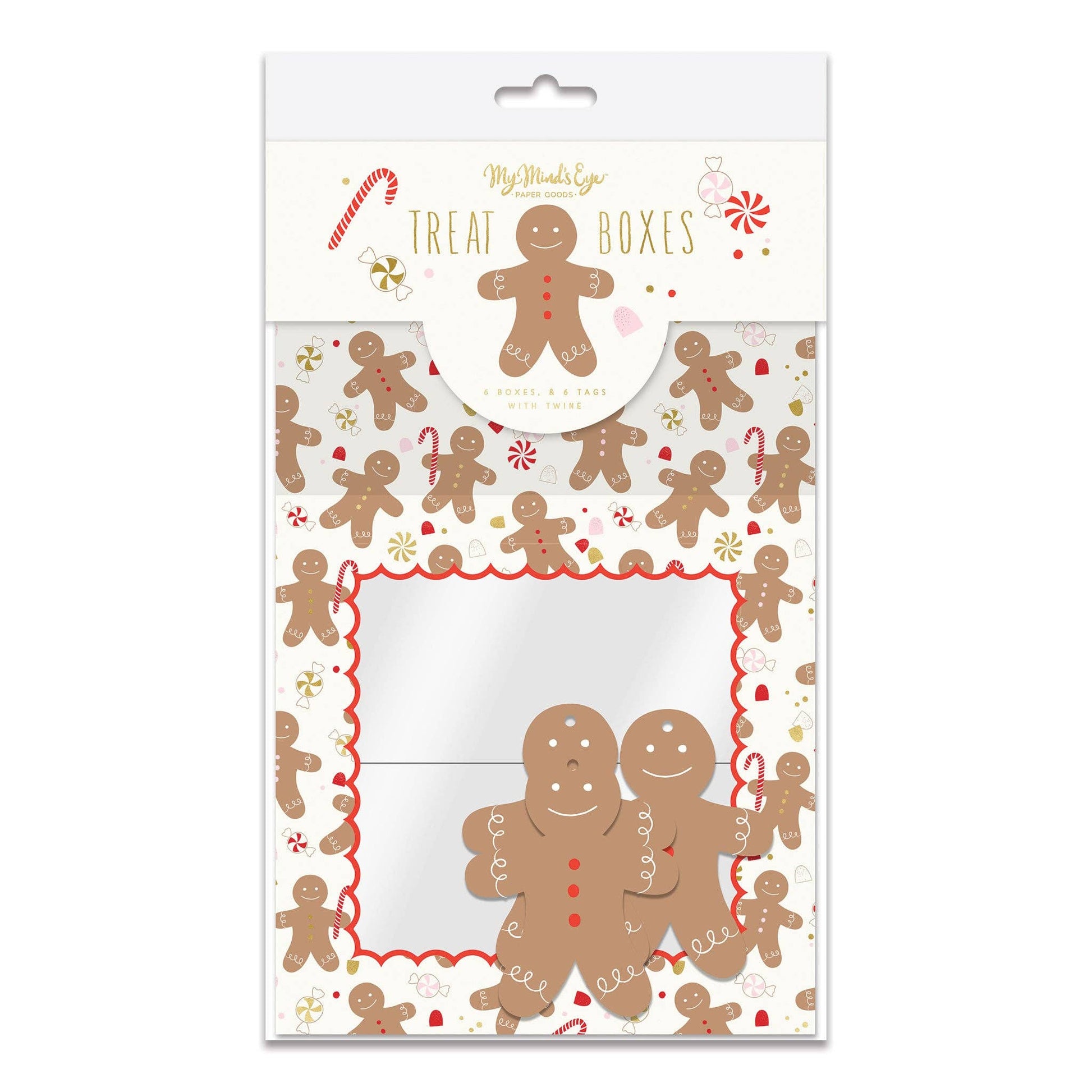 Front image of gingerbread man cookie boxes with cellophane window