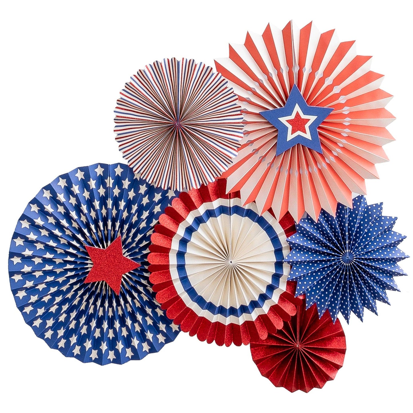 6 paper party fans with assorted red, white, blue, stars and stripe design