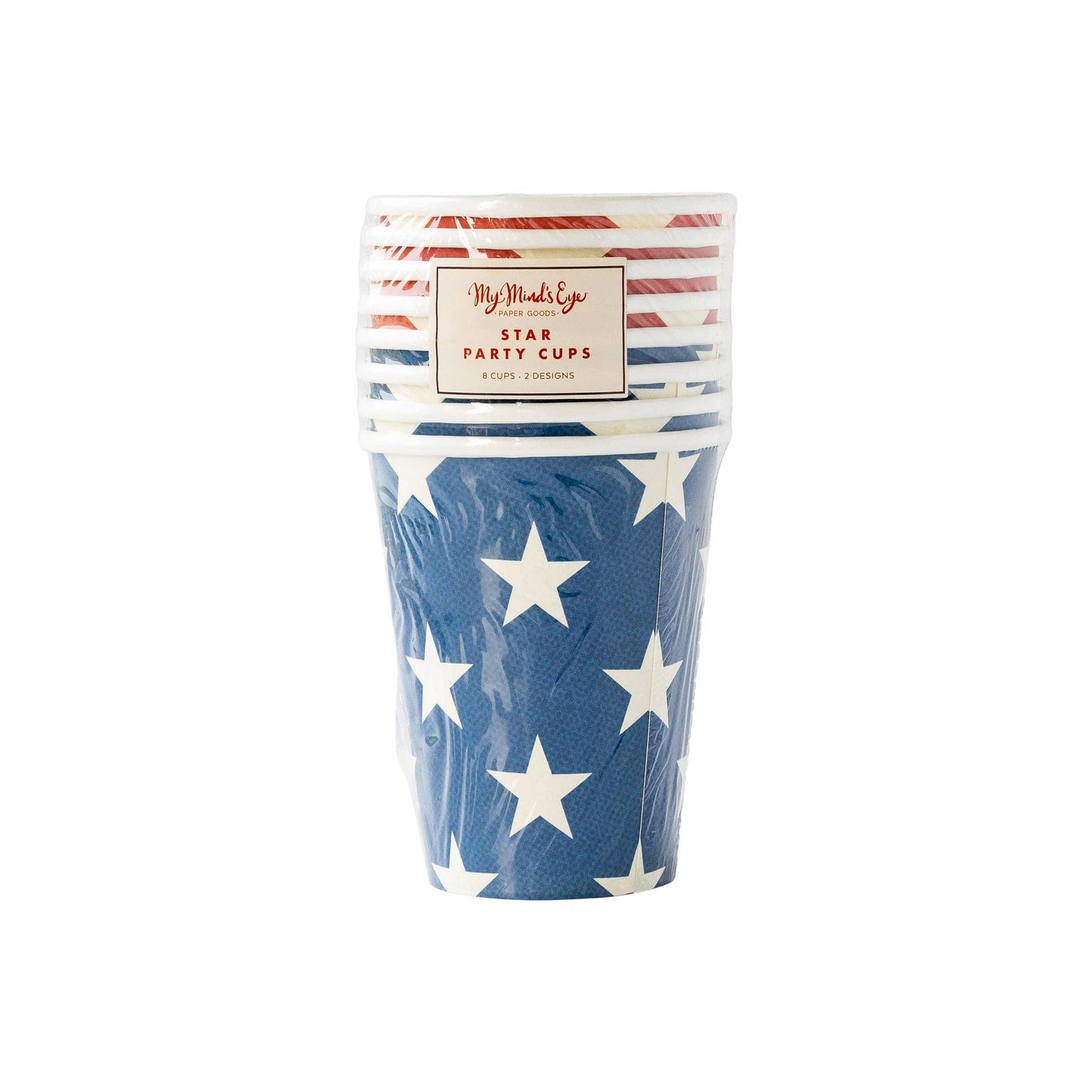 Red and blue cups with white star print