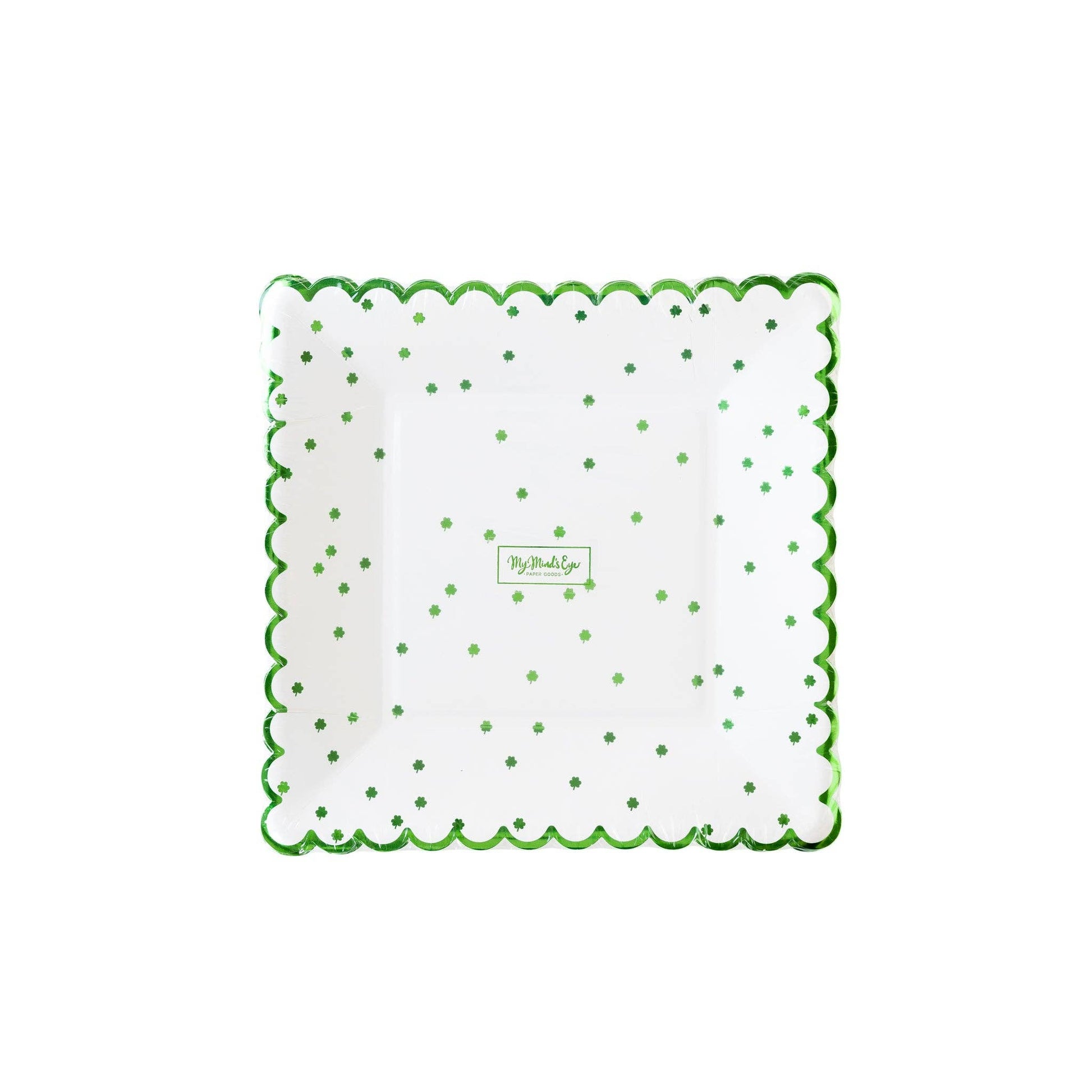 Packshot of square scalloped plate with green foil shamrocks