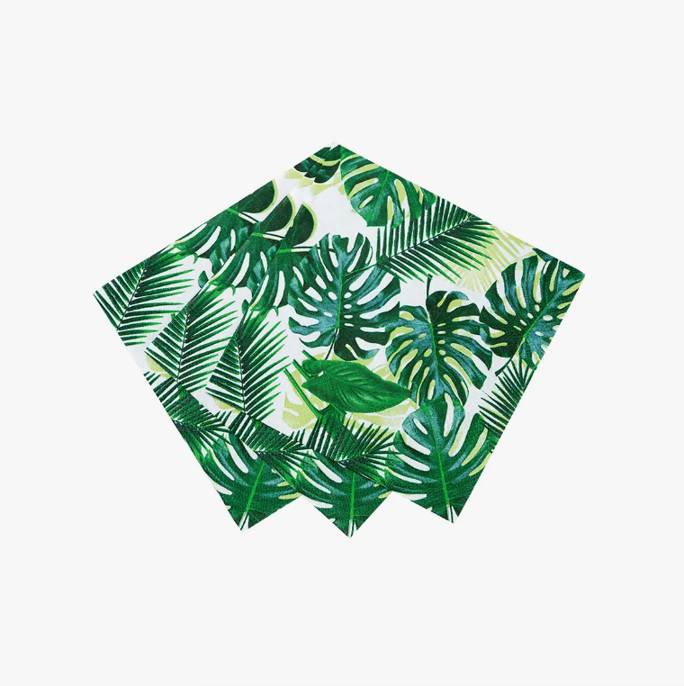 Set of 20 small cocktail paper napkins with a green palm leaf print