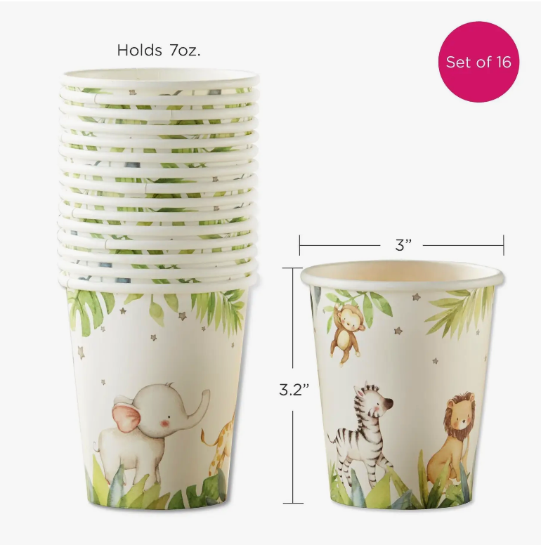 Image of safari baby paper cups with measurements, 3.2" H x3" W