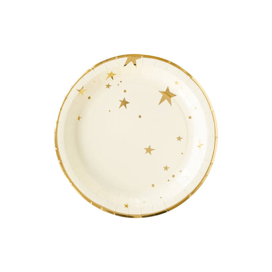 Front image of a baby neutral plate with gold foil stars