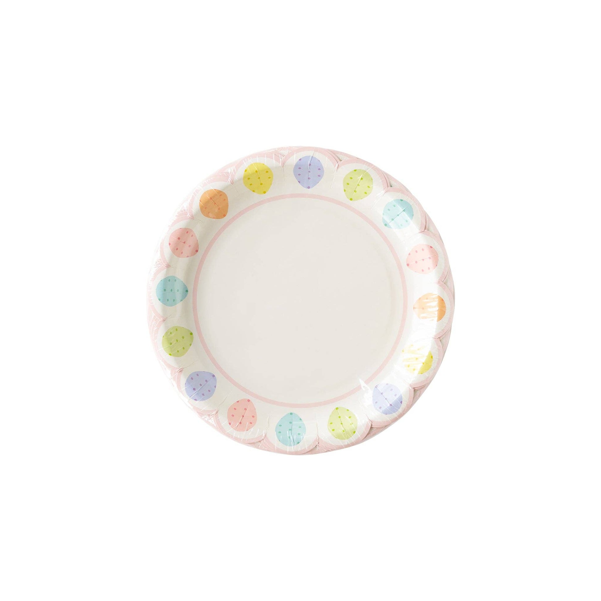 scalloped paper plate featuring multicolor easter eggs around the border