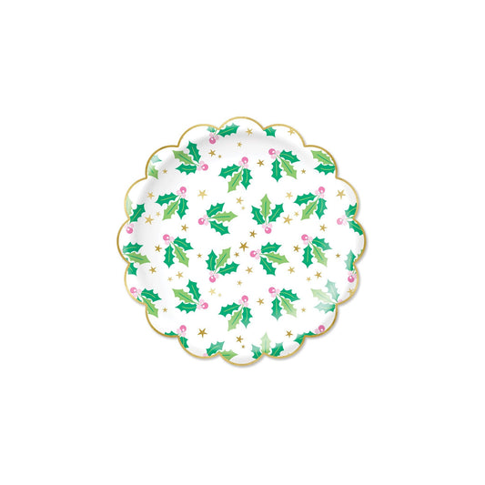 holly berry print round scalloped plates