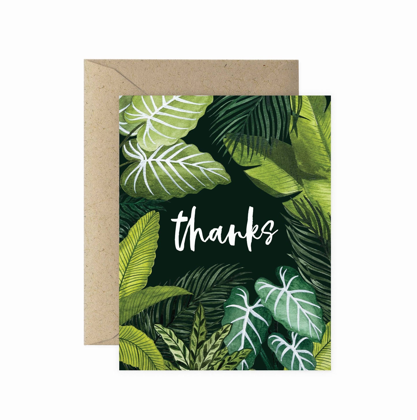 Front image of a "thank you" card decorated with palm fronds