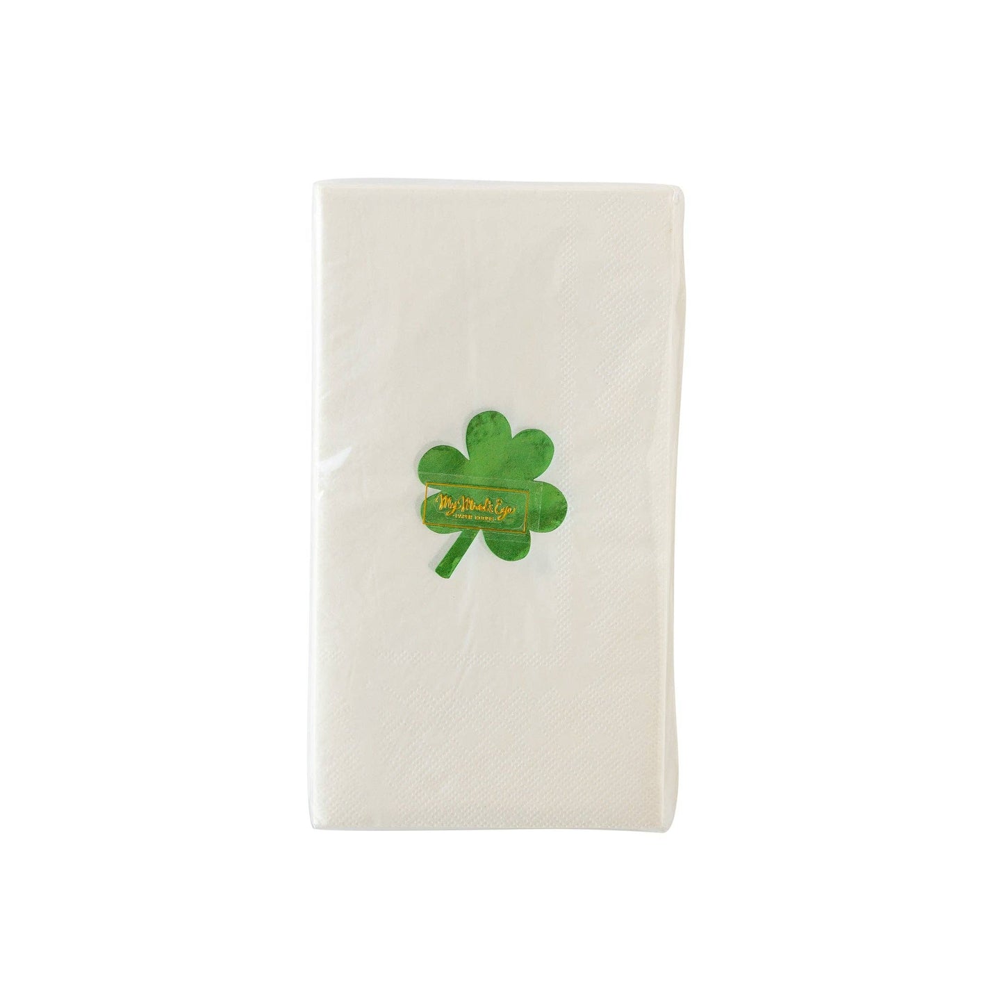 Packshot of a white dinner napkin with a green foil shamrock