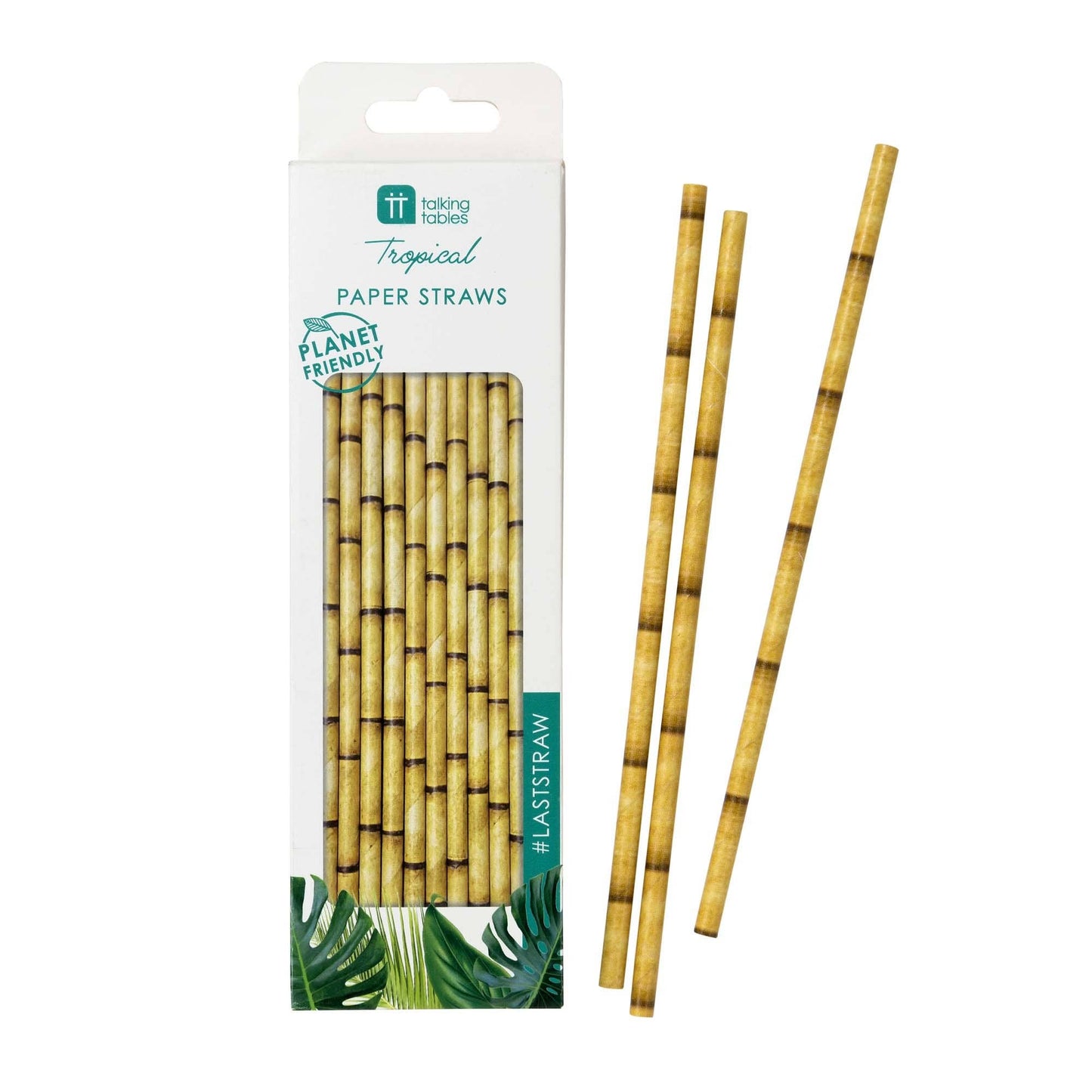 Product shot of bamboo printed paper straws with planet friendly logo