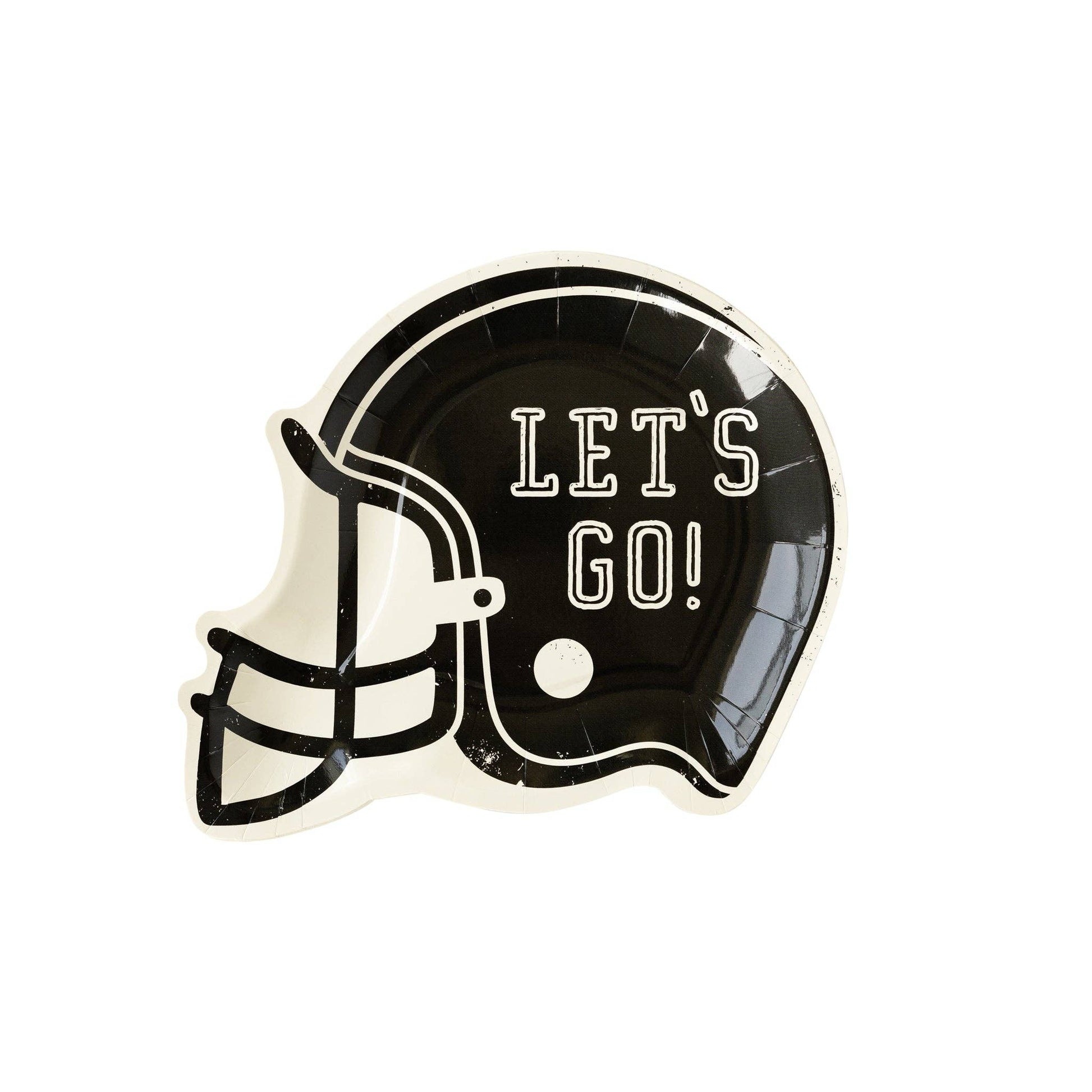 Image of a black and white football helmet-shaped paper plate with "Let's Go!" text printed