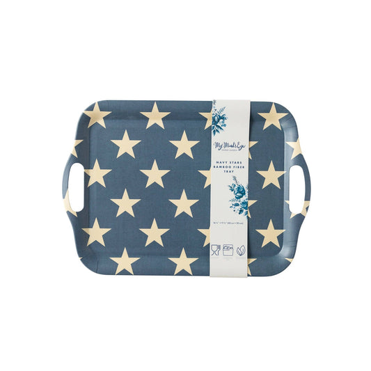 Packshot of a blue reusable bamboo serving tray with white star print