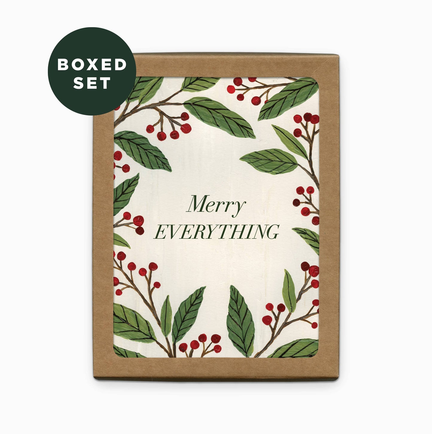 Front image of a Merry Christmas boxed card set decorated with holly berries.